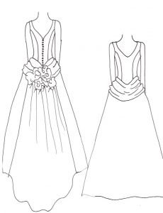 Wedding dress design by Joanna Bell of corseted bodice Corseted bodice in silk duchess satin Covered buttons down the back and flared skirt with back overskirt train